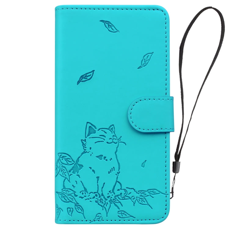 For iPhone 16e Cute Cat Embossed Leather Phone Case(Lake Blue) - iPhone 16e Cases by PMC TechLife | Online Shopping South Africa | PMC TechLife | Buy Now Pay Later Mobicred
