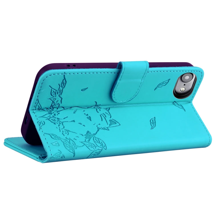 For iPhone 16e Cute Cat Embossed Leather Phone Case(Lake Blue) - iPhone 16e Cases by PMC TechLife | Online Shopping South Africa | PMC TechLife | Buy Now Pay Later Mobicred