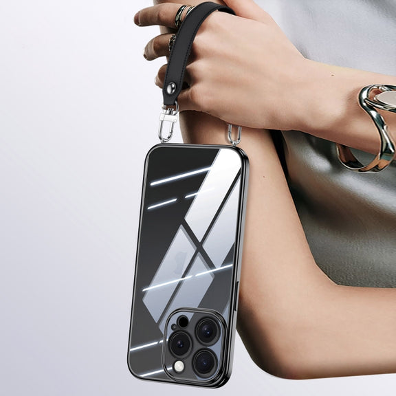 For iPhone 15 Pro Max SULADA  Electroplated Clear TPU Soft Frame Phone Case with Wrist Strap(Black)