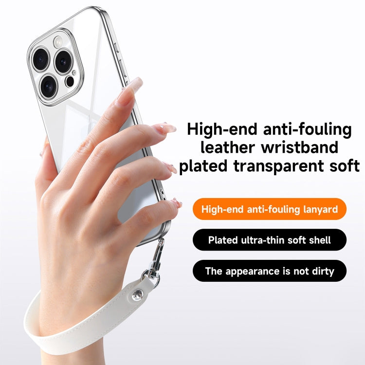 For iPhone 16 Pro Max SULADA  Electroplated Clear TPU Soft Frame Phone Case with Wrist Strap(Silver)