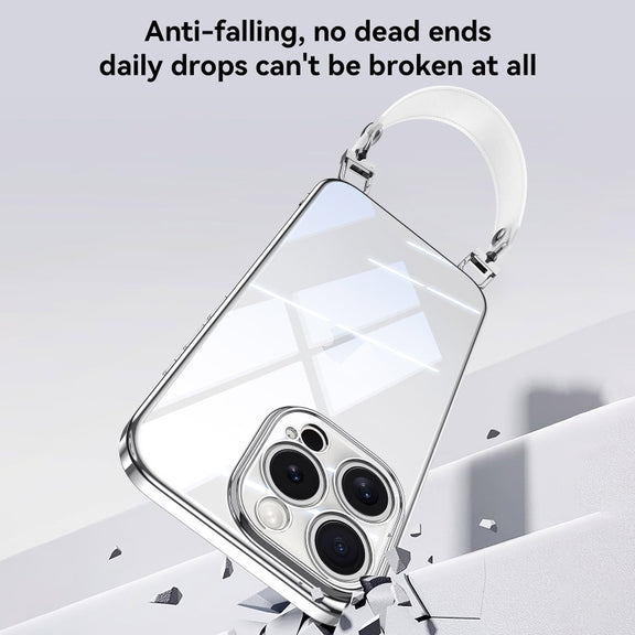 For iPhone 16 Pro Max SULADA  Electroplated Clear TPU Soft Frame Phone Case with Wrist Strap(Silver)