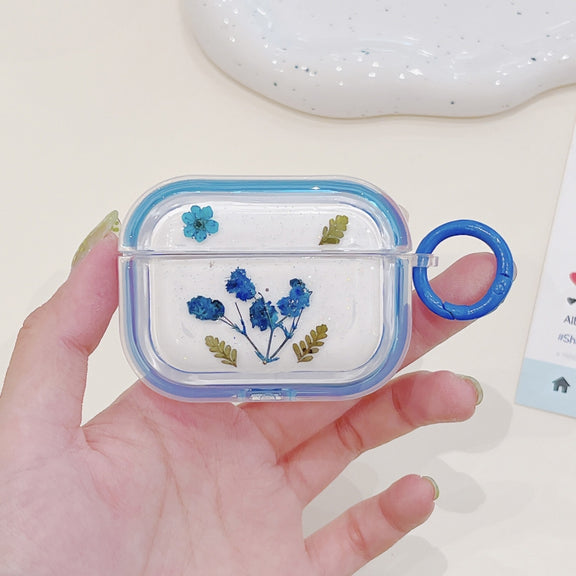 For AirPods 3 Glitter Starry Epoxy Dried Flowers Earbuds Box TPU Case(Dark Blue)