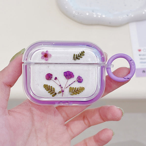 For AirPods Pro Glitter Starry Epoxy Dried Flowers Earbuds Box TPU Case(Purple)