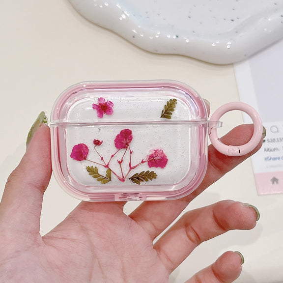 For AirPods Pro Glitter Starry Epoxy Dried Flowers Earbuds Box TPU Case(Pink)