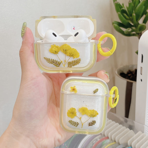 For AirPods Pro Glitter Starry Epoxy Dried Flowers Earbuds Box TPU Case(Pink)