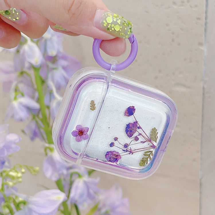 For AirPods Pro Glitter Starry Epoxy Dried Flowers Earbuds Box TPU Case(Purple)