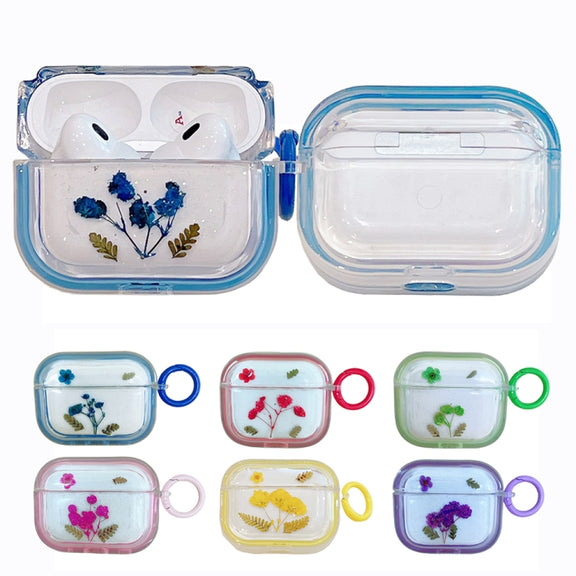 For AirPods Pro Glitter Starry Epoxy Dried Flowers Earbuds Box TPU Case(Light Blue)