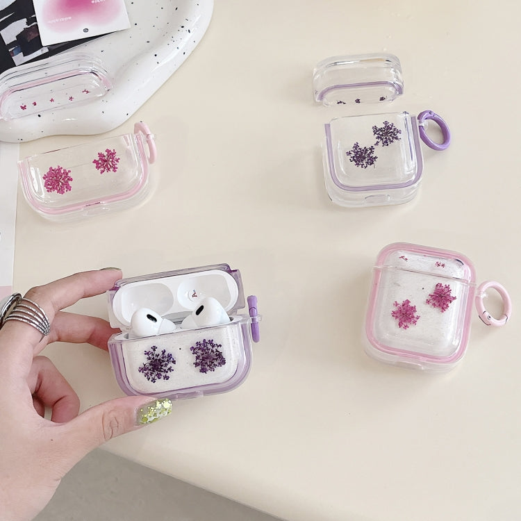 For AirPods Pro Glitter Snowflake Epoxy Dried Flowers Earbuds Box TPU Case(Pink)