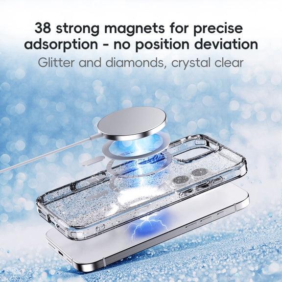 For iPhone 16 Glitter Powder MagSafe Magnetic Phone Case(Transparent Titanium Blue)