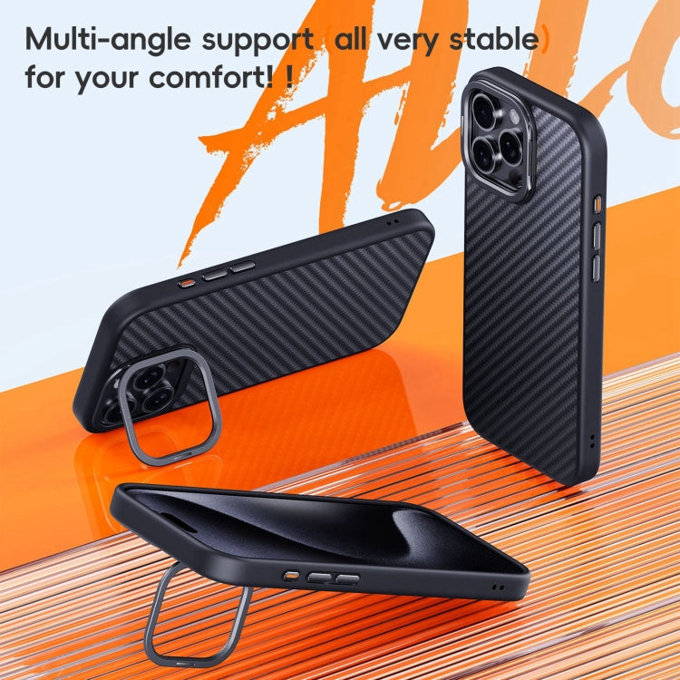 For iPhone 16 Pro Max Carbon Fiber Kevlar Lens Holder MagSafe Magnetic Phone Case(Black)