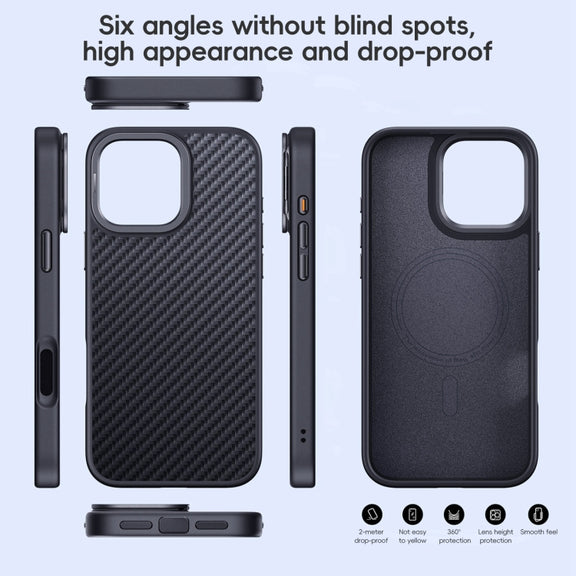 For iPhone 16 Carbon Fiber Kevlar Lens Holder MagSafe Magnetic Phone Case(Black)