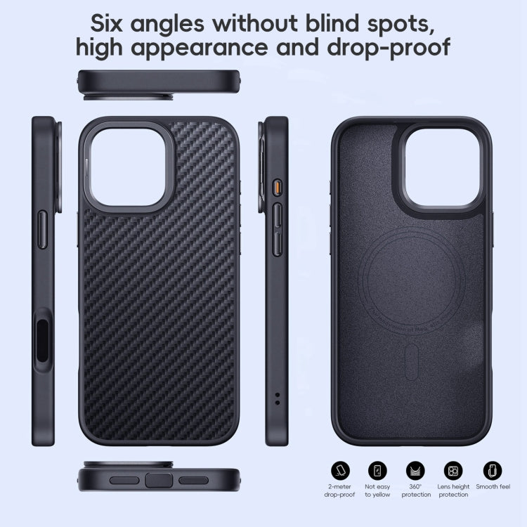 For iPhone 16 Carbon Fiber Kevlar Lens Holder MagSafe Magnetic Phone Case(Black)