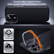 For iPhone 16 Plus Carbon Fiber Kevlar Lens Holder MagSafe Magnetic Phone Case(Black)