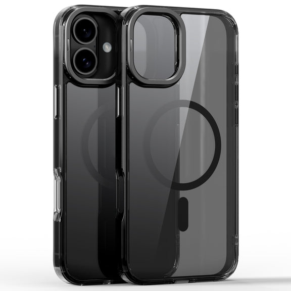 For iPhone 16 Mirror Crystal Clear Lens Holder MagSafe Magnetic Phone Case(Transparent Black)