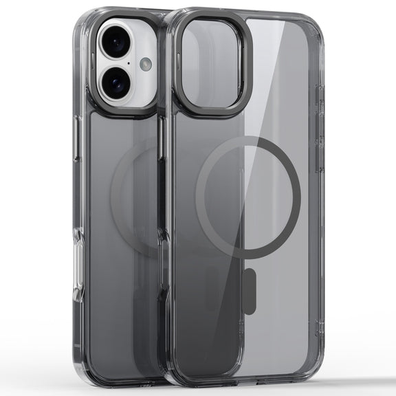 For iPhone 16 Mirror Crystal Clear Lens Holder MagSafe Magnetic Phone Case(Transparent Grey)