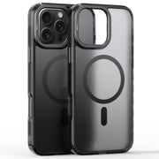 For iPhone 16 Pro Max Frosted Crystal Clear Lens Holder MagSafe Magnetic Phone Case(Transparent Black)