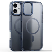 For iPhone 16 Plus Frosted Crystal Clear Lens Holder MagSafe Magnetic Phone Case(Transparent Titanium Blue)