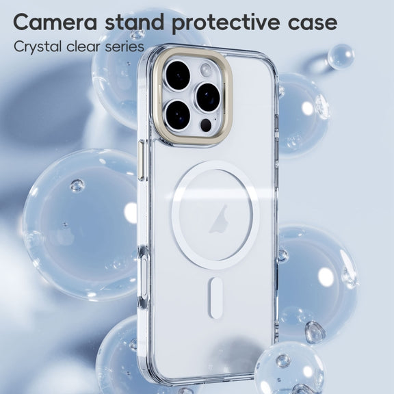 For iPhone 16 Plus Frosted Crystal Clear Lens Holder MagSafe Magnetic Phone Case(Transparent Titanium Blue)