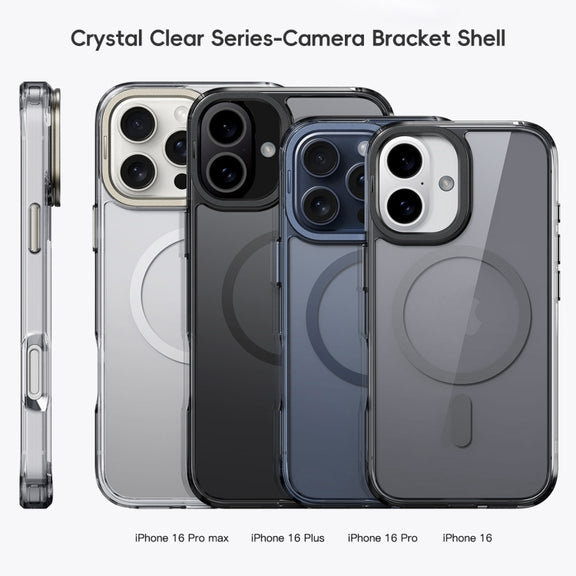 For iPhone 16 Plus Frosted Crystal Clear Lens Holder MagSafe Magnetic Phone Case(Transparent Titanium Blue)