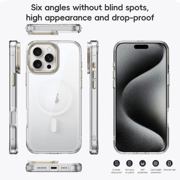 For iPhone 16 Plus Frosted Crystal Clear Lens Holder MagSafe Magnetic Phone Case(Transparent Titanium Blue)