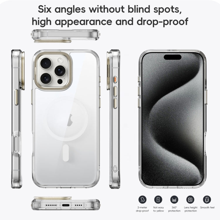 For iPhone 16 Plus Frosted Crystal Clear Lens Holder MagSafe Magnetic Phone Case(Transparent Titanium Blue)
