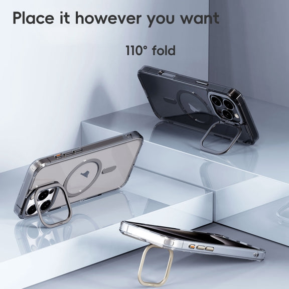 For iPhone 16 Plus Frosted Crystal Clear Lens Holder MagSafe Magnetic Phone Case(Transparent Titanium Blue)