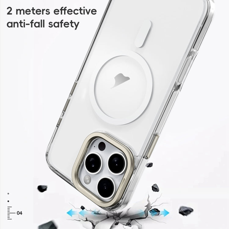 For iPhone 16 Plus Frosted Crystal Clear Lens Holder MagSafe Magnetic Phone Case(Transparent Titanium Blue)