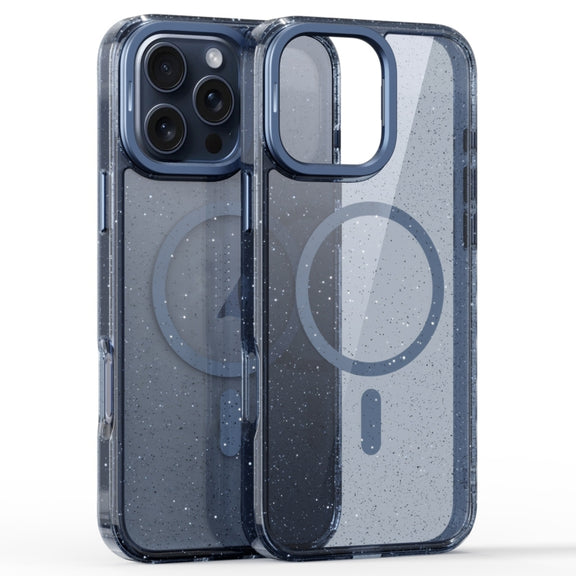 For iPhone 16 Pro Glitter Powder Lens Holder MagSafe Magnetic Phone Case(Transparent Titanium Blue)