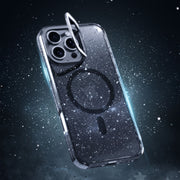 For iPhone 16 Glitter Powder Lens Holder MagSafe Magnetic Phone Case(Transparent Black)