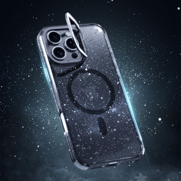 For iPhone 16 Pro Glitter Powder Lens Holder MagSafe Magnetic Phone Case(Transparent Black)