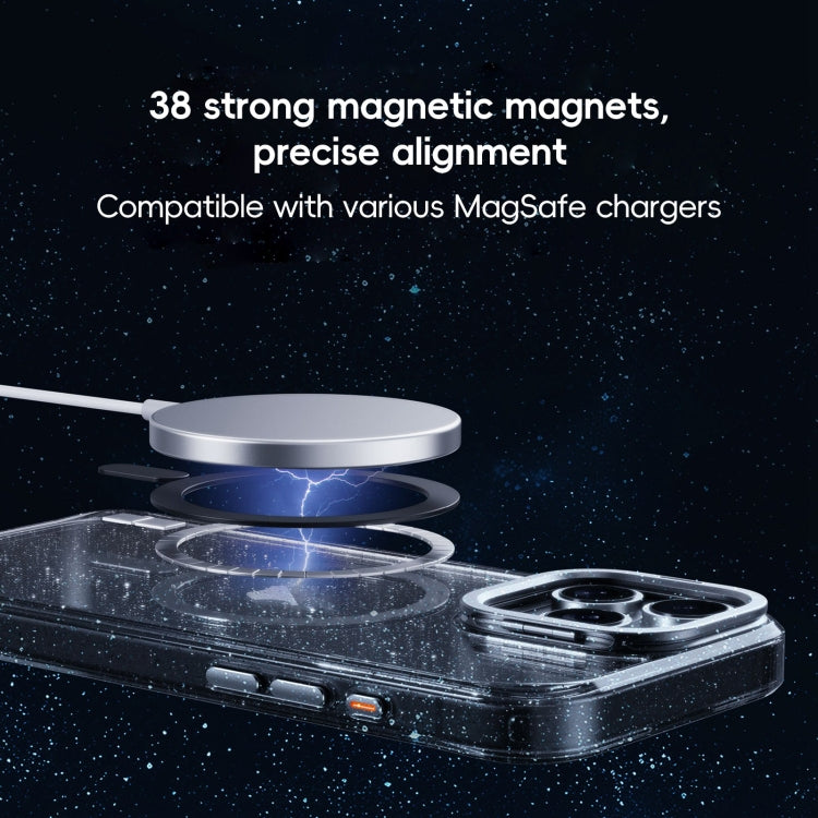 For iPhone 16 Pro Glitter Powder Lens Holder MagSafe Magnetic Phone Case(Transparent Pink)
