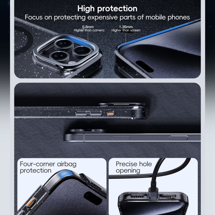 For iPhone 16 Pro Glitter Powder Lens Holder MagSafe Magnetic Phone Case(Transparent Black)