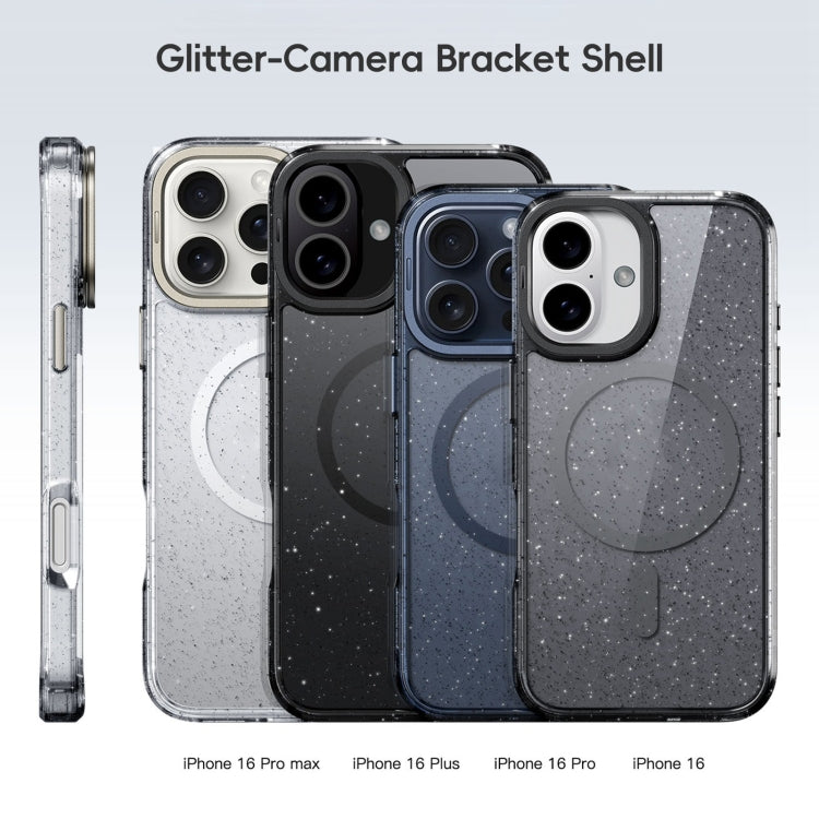 For iPhone 16 Glitter Powder Lens Holder MagSafe Magnetic Phone Case(Transparent)