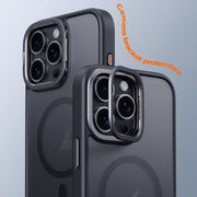 For iPhone 16 Frosted Lens Holder MagSafe Magnetic Phone Case(Puprle)