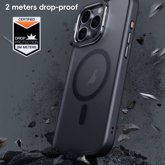 For iPhone 16 Pro Frosted Lens Holder MagSafe Magnetic Phone Case(Titanium Rose Gold)