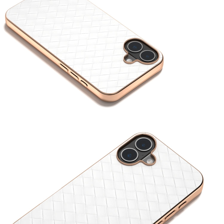 For iPhone 16 Electroplated Frame Woven Texture PU Phone Case(White) - free shipping - PMC Jewellery - Order now!