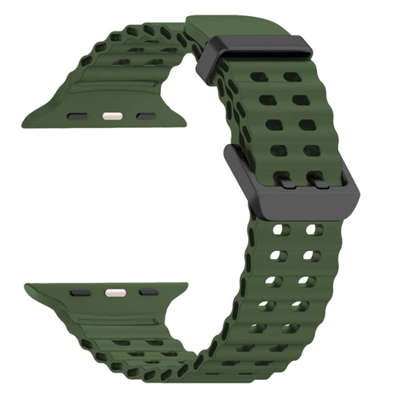 For Apple Watch Series 3 42mm Ocean Dual-Row Hole Silicone Watch Band(Forest Green)