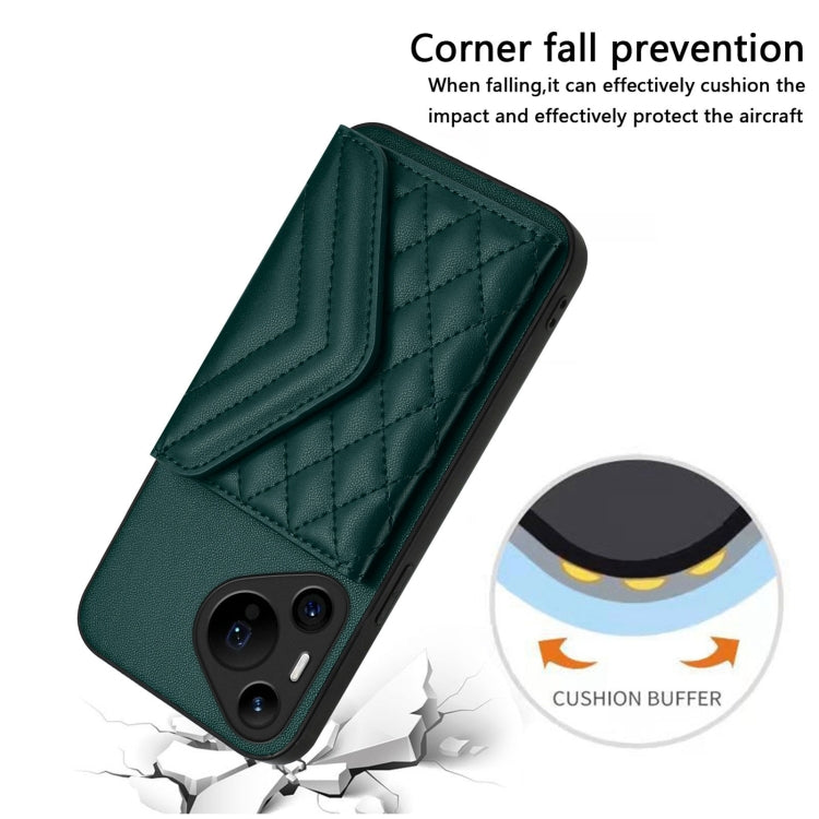 For Huawei Pura 70 Pro / 70 Pro+ Rhombic Texture Card Bag RFID Phone Case with Long Lanyard(Green)