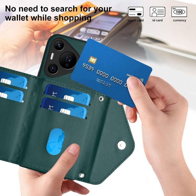 For Huawei Pura 70 Pro / 70 Pro+ Rhombic Texture Card Bag RFID Phone Case with Long Lanyard(Green)