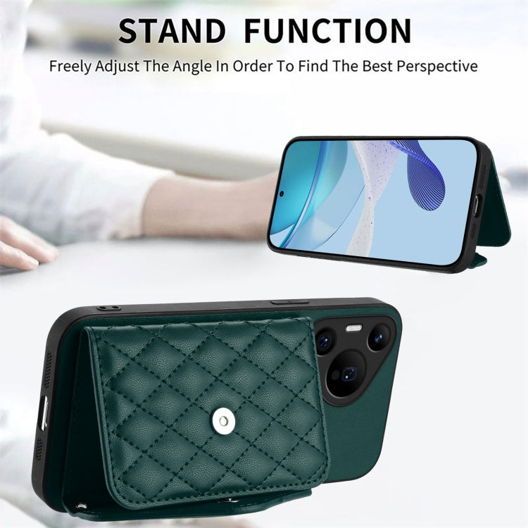 For Huawei Pura 70 Pro / 70 Pro+ Rhombic Texture Card Bag RFID Phone Case with Long Lanyard(Green)