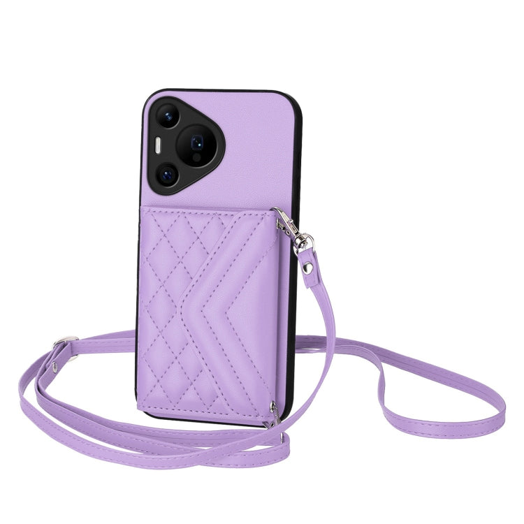 For Huawei Pura 70 Pro / 70 Pro+ Rhombic Texture Card Bag RFID Phone Case with Long Lanyard(Light Purple) - free shipping - PMC Jewellery - Order now!
