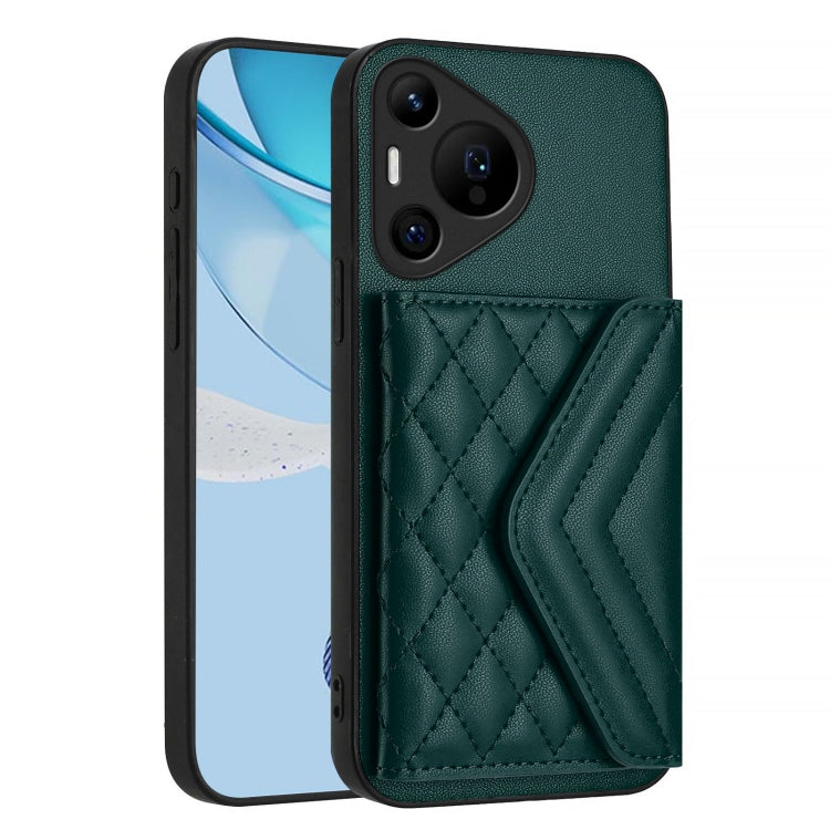 For Huawei Pura 70 Ultra Rhombic Texture Card Bag RFID Phone Case with Long Lanyard(Green)