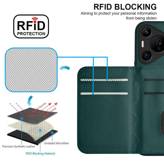 For Huawei Pura 70 Ultra Rhombic Texture Card Bag RFID Phone Case with Long Lanyard(Green)