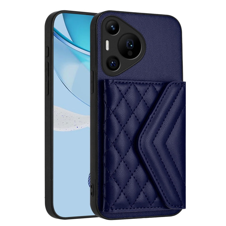 For Huawei Pura 70 Ultra Rhombic Texture Card Bag RFID Phone Case with Long Lanyard(Blue)