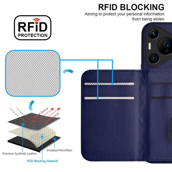 For Huawei Pura 70 Ultra Rhombic Texture Card Bag RFID Phone Case with Long Lanyard(Blue)
