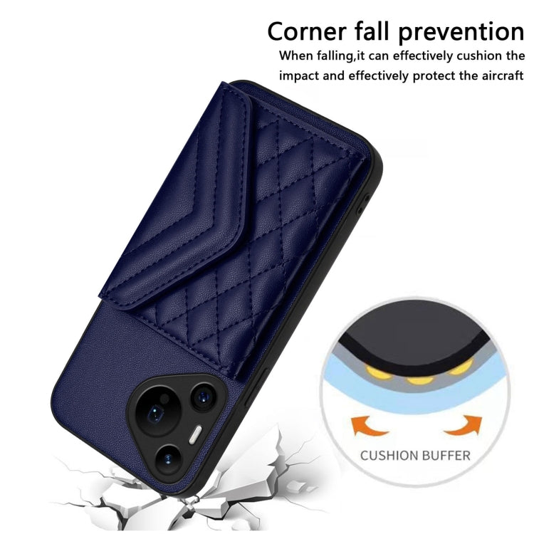 For Huawei Pura 70 Ultra Rhombic Texture Card Bag RFID Phone Case with Long Lanyard(Blue)