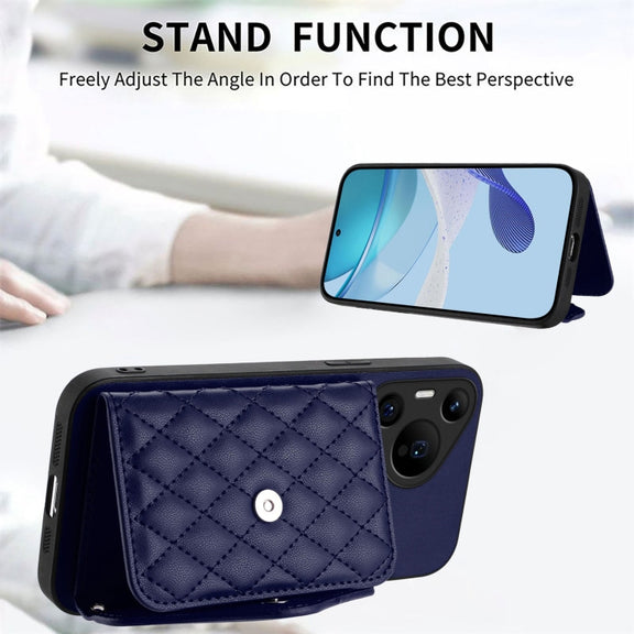 For Huawei Pura 70 Ultra Rhombic Texture Card Bag RFID Phone Case with Long Lanyard(Blue)