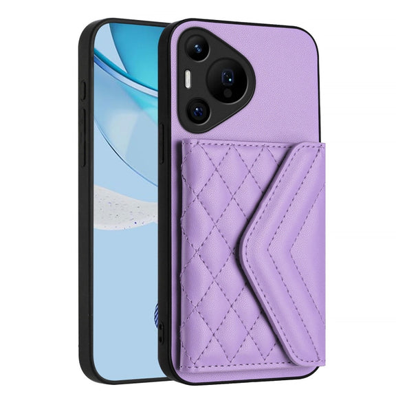 For Huawei Pura 70 Ultra Rhombic Texture Card Bag RFID Phone Case with Long Lanyard(Light Purple)