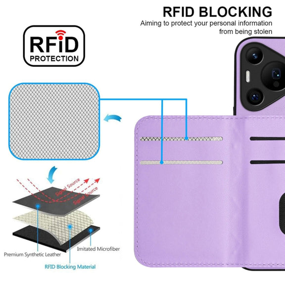For Huawei Pura 70 Ultra Rhombic Texture Card Bag RFID Phone Case with Long Lanyard(Light Purple)