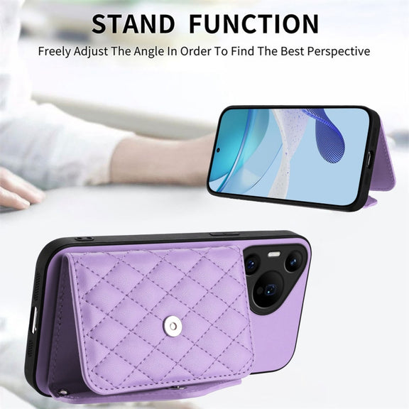 For Huawei Pura 70 Ultra Rhombic Texture Card Bag RFID Phone Case with Long Lanyard(Light Purple)